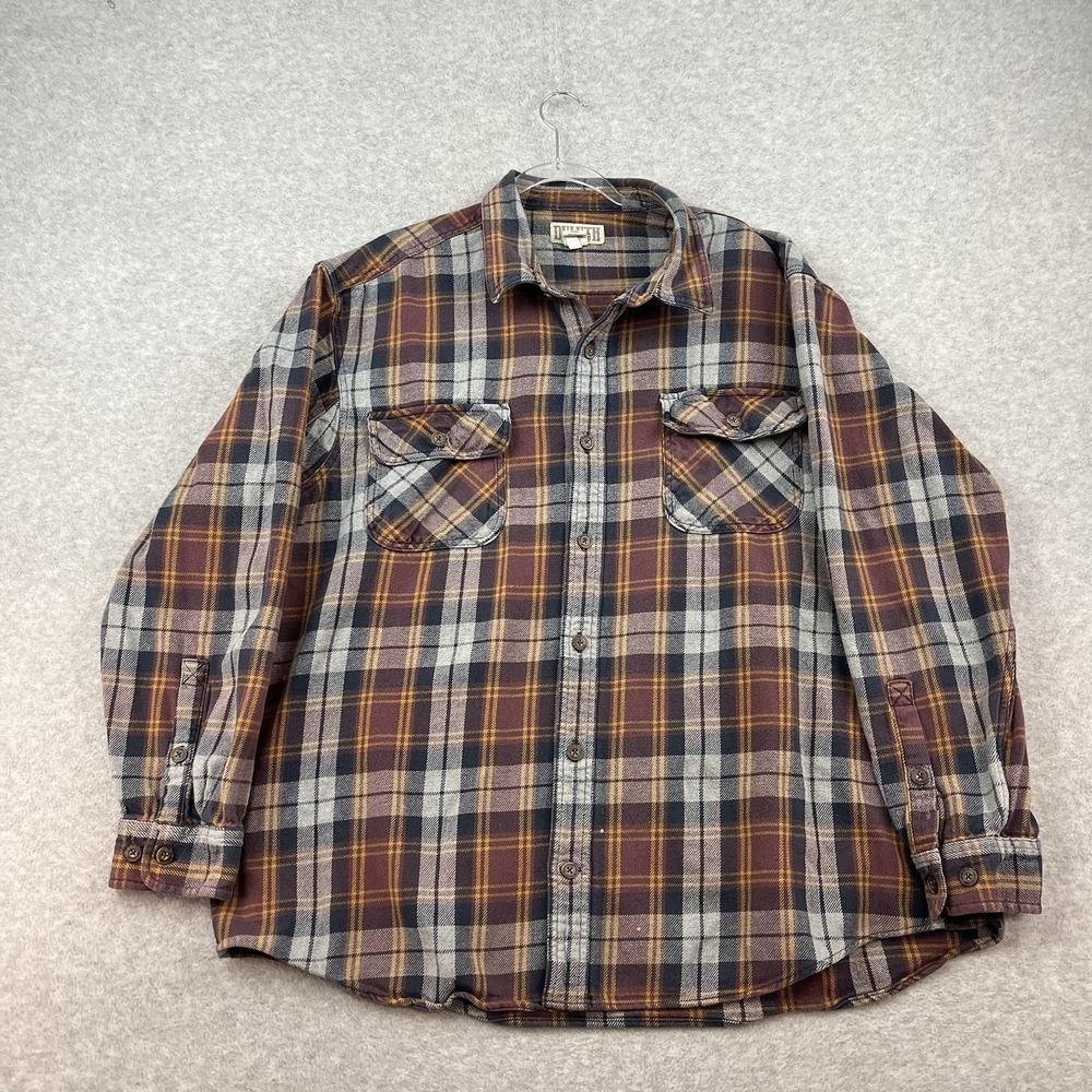 Duluth Trading Heavy Flannel Shirt Jacket Shacket Plaid Orange Fray Red EUC Mens